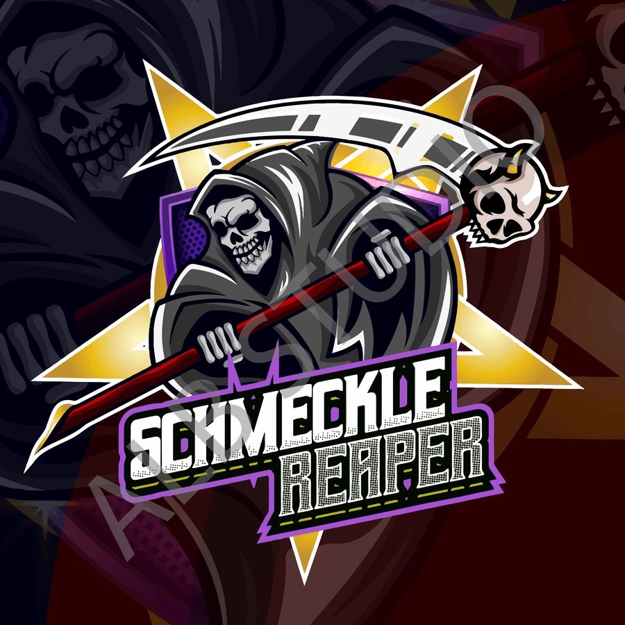 Schmeckle Reaper mascot logo — grim reaper with a scythe
